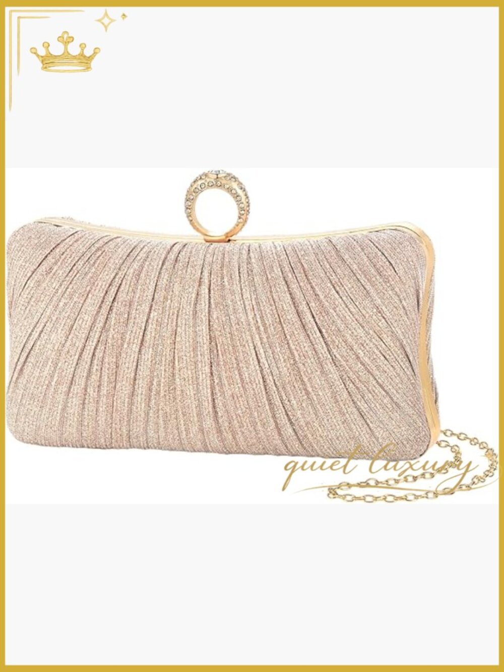 Golden Glitter Clutch Evening Bag with Rhinestone Ring Pleated Design